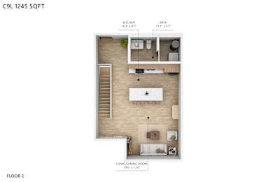 A floor plan of a 2nd floor apartment with a living/dining room, kitchen and bathroom.