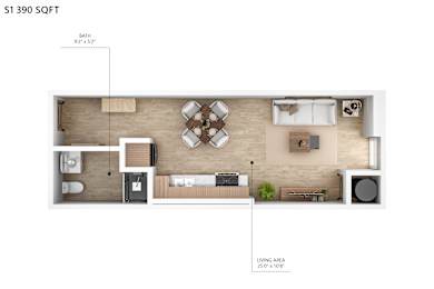 A floor plan of a one bedroom apartment with a living area of 250 x 108.