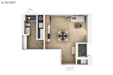 A floor plan of a S2 564 sqft apartment with a living area of 189 x 2111.