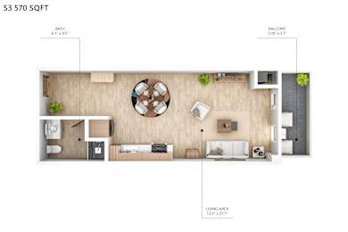 A floor plan of an S3 570 sqft apartment with a living area of 132"x277".