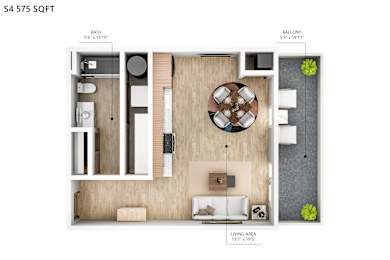 A floor plan of an apartment with a living area, kitchen, and bathroom.