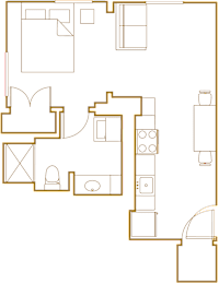 A floor plan of a house with a kitchen, living room, and bathroom.