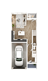 A car is parked in a small room with a toilet and sink.