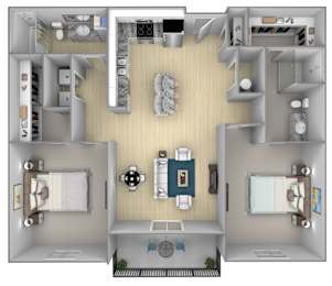 A 3D floor plan of a small apartment with a kitchen, living room, and two bedrooms.