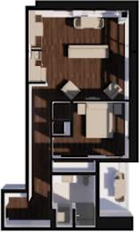 A 3D floor plan of a house with a kitchen, living room, and two bedrooms.