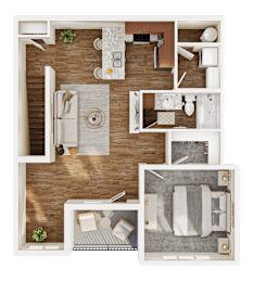 A top-down view of a room layout with a bed, desk, and kitchen area.