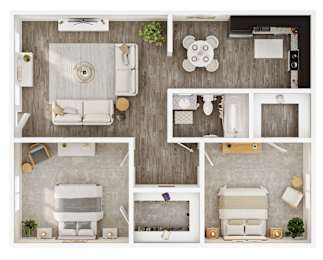 A series of images showing different layouts of a living room, kitchen, and bathroom.