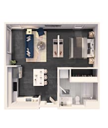 A top-down view of a small, modern apartment with a kitchen, living room, and bathroom.