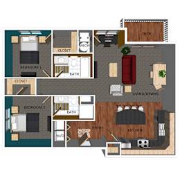995 SF Two-Bed Two-Bath Floor Plan at Pacific West Apartments in Omaha, NE