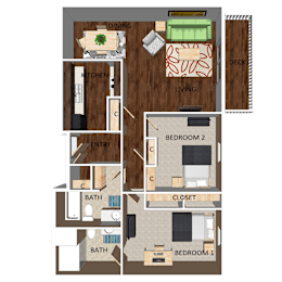 1,000 SF Two-Bed Two-Bath Floor Plan at Pacific West Apartments in Omaha, NE