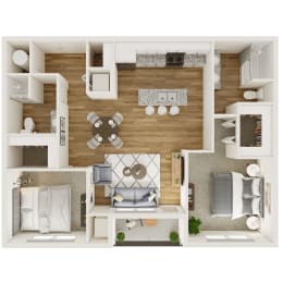 a furnished floor plan of a 1 bedroom apartment at the residences at silver hill in suitland