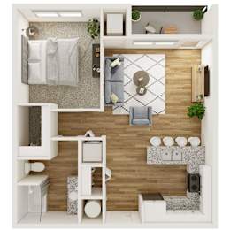 A top-down view of a small apartment with a bed, a couch, a table, and a TV.