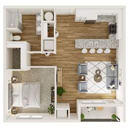 A top-down view of a modern apartment with a kitchen, living room, and bathroom.