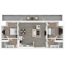 988 SF Two Bedroom Floor Plan at Parkside Apartments and Shops in Bentonville, AR