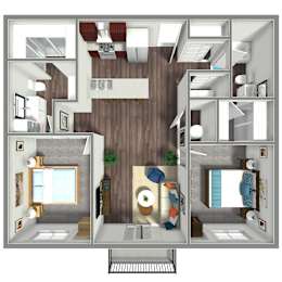 1,056 SF Two Bedroom Two Bath Floor Plan at Prairie Park in Wayne, NE