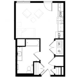 A black and white floor plan of a house with a kitchen, living room, and bathroom.