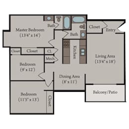 Three-bedroom floor plan at Sutter Place in Lincoln, NE
