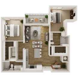 1,066 SF Two Bedroom Floor Plan with Den at The Trails at North Streams in West Omaha, NE
