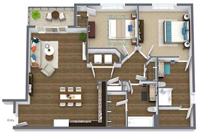 A floor plan of a house with a kitchen, living room, dining room, and bedrooms.
