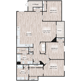 A floor plan of a house with a kitchen, living room, and multiple bedrooms.