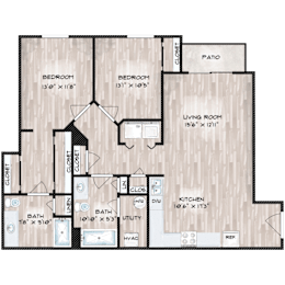 A floor plan of a house with two bedrooms, a living room, a kitchen, a bath, and a utility space.