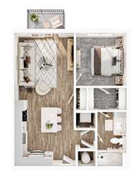 A top-down view of a small apartment with a kitchen, living room, and bathroom.