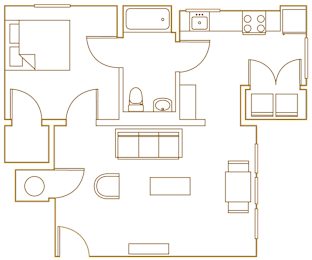 A floor plan of a house with a kitchen, living room, and bathroom.