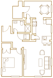 A floor plan of a house with a kitchen, living room, and two bedrooms.