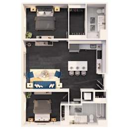 A black and white floor plan of a small apartment with a kitchen, living room, and bathroom.