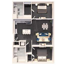 A dollhouse with a black floor and white walls.