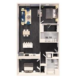 A dollhouse with a black floor and white furniture.