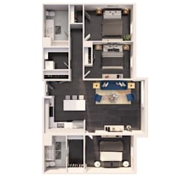 A diagram of a house layout with a kitchen, living room, and two bedrooms.