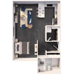 A dollhouse with a black floor and white walls.