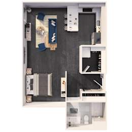 A dollhouse with a black floor and white walls.