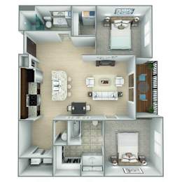 A 3D floor plan of a small apartment with a kitchen, living room, and bedroom.