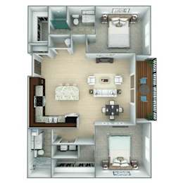 A 3D floor plan of a house with two bedrooms, a living room, a kitchen, and a bathroom.
