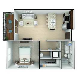 A 3D floor plan of a small apartment with a living room, kitchen, and bedroom.