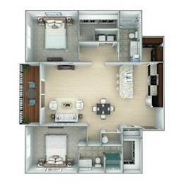A 3D floor plan of a small apartment with a kitchen, living room, and two bedrooms.