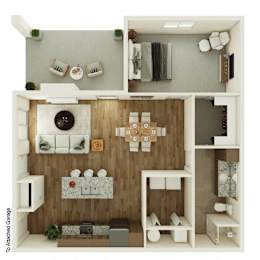 A dollhouse kitchen with a white fridge, brown cabinets, and a white stove.