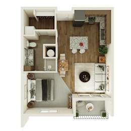 A top-down view of a small apartment with a kitchen, living room, and bathroom.