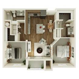 A top down view of a small apartment with a kitchen, living room, and bathroom.