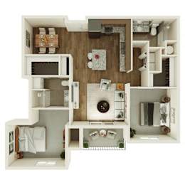 A top-down view of a small apartment with a kitchen, living room, and bathroom.