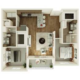 A top-down view of a small, well-organized apartment with a kitchen, living room, and bathroom.
