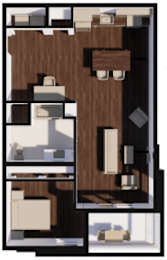 A floor plan of a house with a kitchen, living room, and two bedrooms.