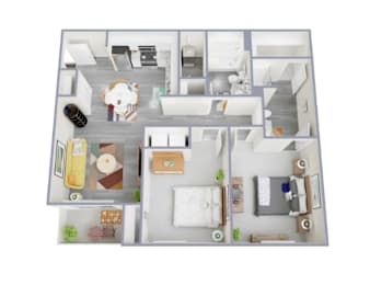 A 3D floor plan of a house with a kitchen, living room, dining room, and two bedrooms.