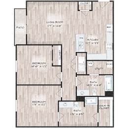 A floor plan of a house with a living room, kitchen, two bedrooms, a bathroom, and a patio.