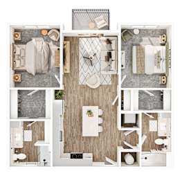A top-down view of a modern bathroom with a large mirror, sink, and toilet.