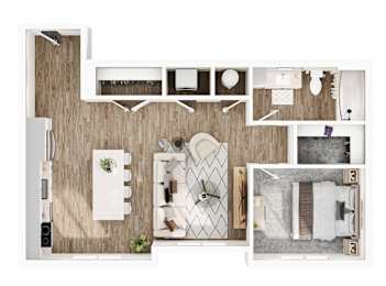 A top down view of a kitchen with a dining table and chairs.