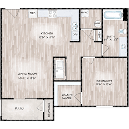 A floor plan of a house with a kitchen, living room, bedroom, and bathroom.