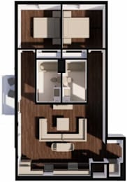 A 3D image of a house layout with a kitchen, living room, and two bedrooms.